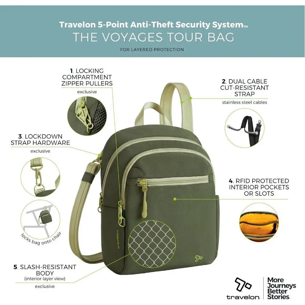 Unisex Olive adult Travelon Anti-theft the Voyages Tour Bag Imported Zipper